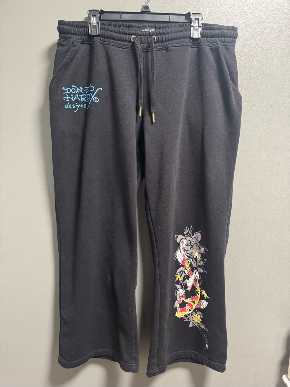Don Ed Hardy Y2K Black Graphic Sweatpants w/ Koi Fish Floral Design XL Rare Find